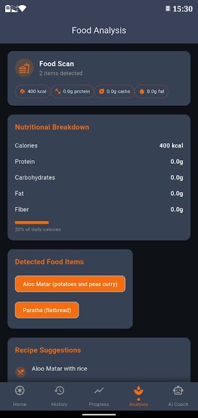 Wellnia Food Analysis screen with a nutritional breakdown of calories, protein, carbs, and fat