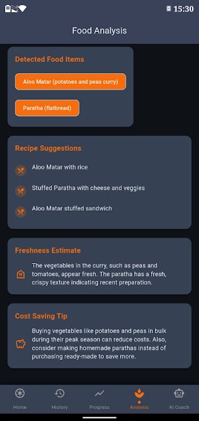 Wellnia Food Analysis screen showing detected food items and recipe suggestions