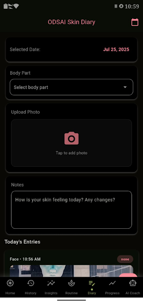 Wellnia Skin Diary screen for logging a body part, photo, and notes